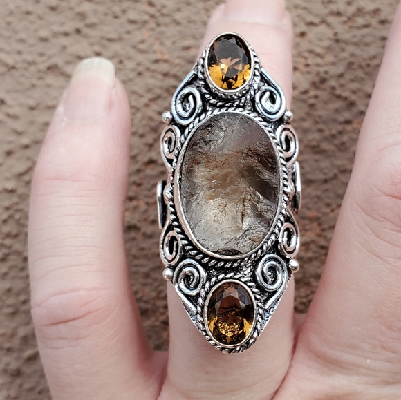 New Rough Golden Rutile and Citrine 925 Silver Statement Ring. - Picture 12 of 14